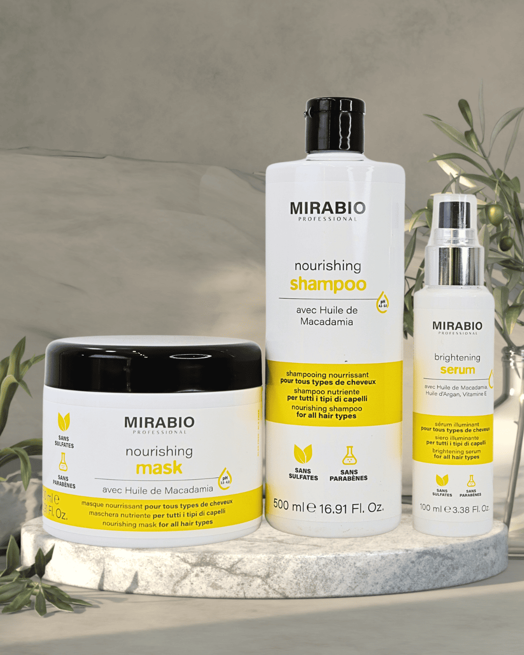 Pack mirabio 3 in 1 - ideal apres coloration , lissage et meche - avec huile de Macadamia