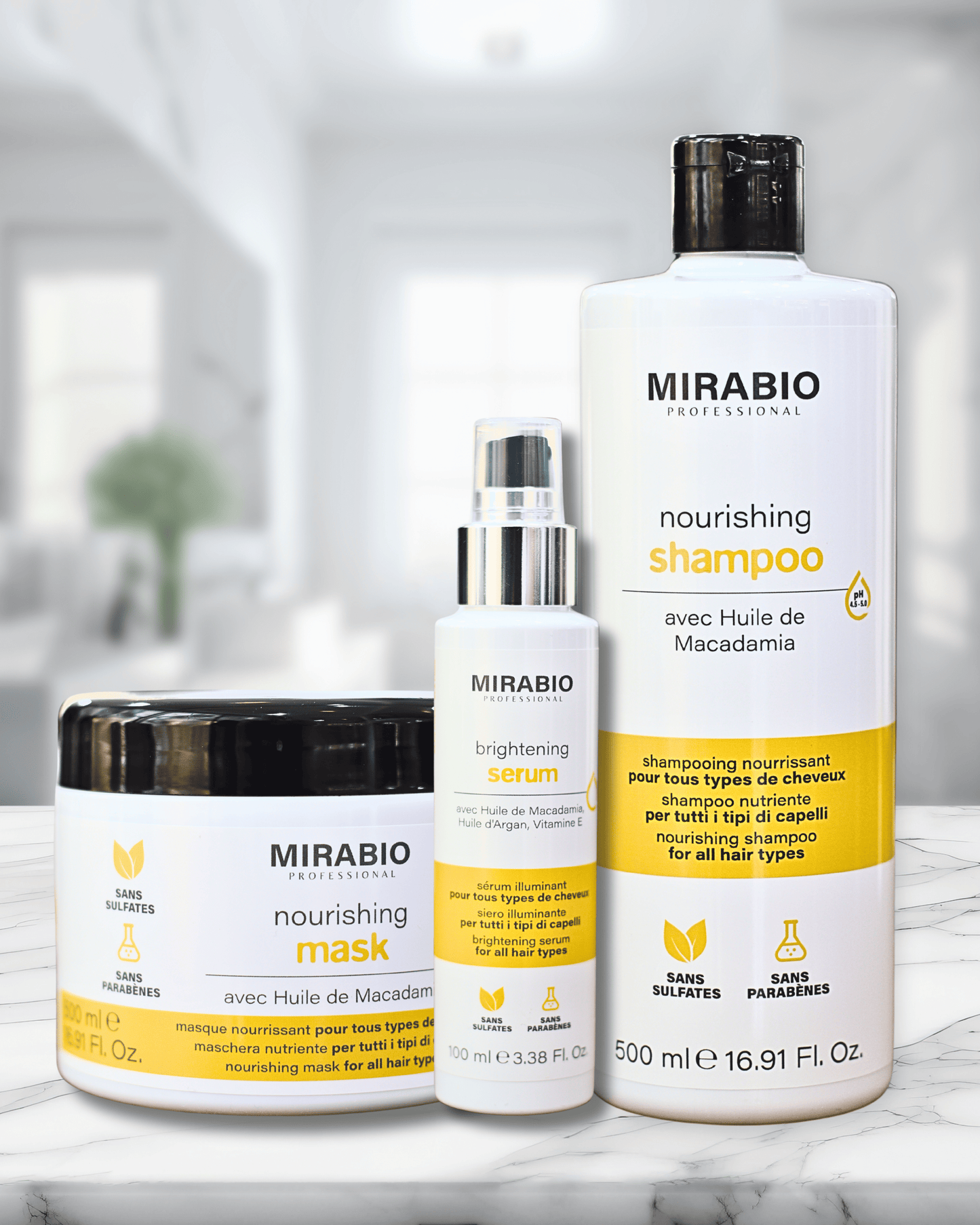 Pack mirabio 3 in 1 - ideal apres coloration , lissage et meche - avec huile de Macadamia